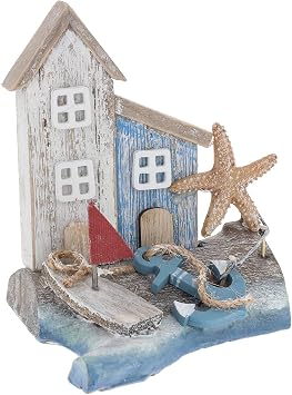 Shudehill Giftware Sandy Bay Standing Beach House Ornament Decoration - Beach Rustic Themed Design with Lighthouse, Anchor, Log House and More Two Houses Medium