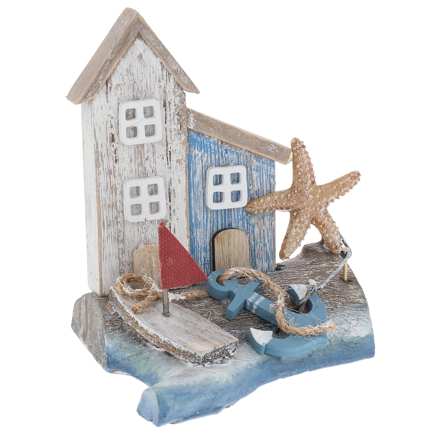 Shudehill Giftware Sandy Bay Standing Beach House Ornament Decoration - Beach Rustic Themed Design with Lighthouse, Anchor, Log House and More (Two Houses Medium)