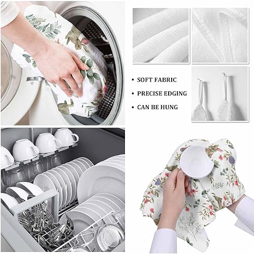 Miniatura 5 de Image Duvet 2 Pack Cotton Kitchen Dish Cloths Towels, Bunny Easter Eucalyptus Leaves Red Flowers Spring 18 x28 Inch Soft Absorbent Kitchen
