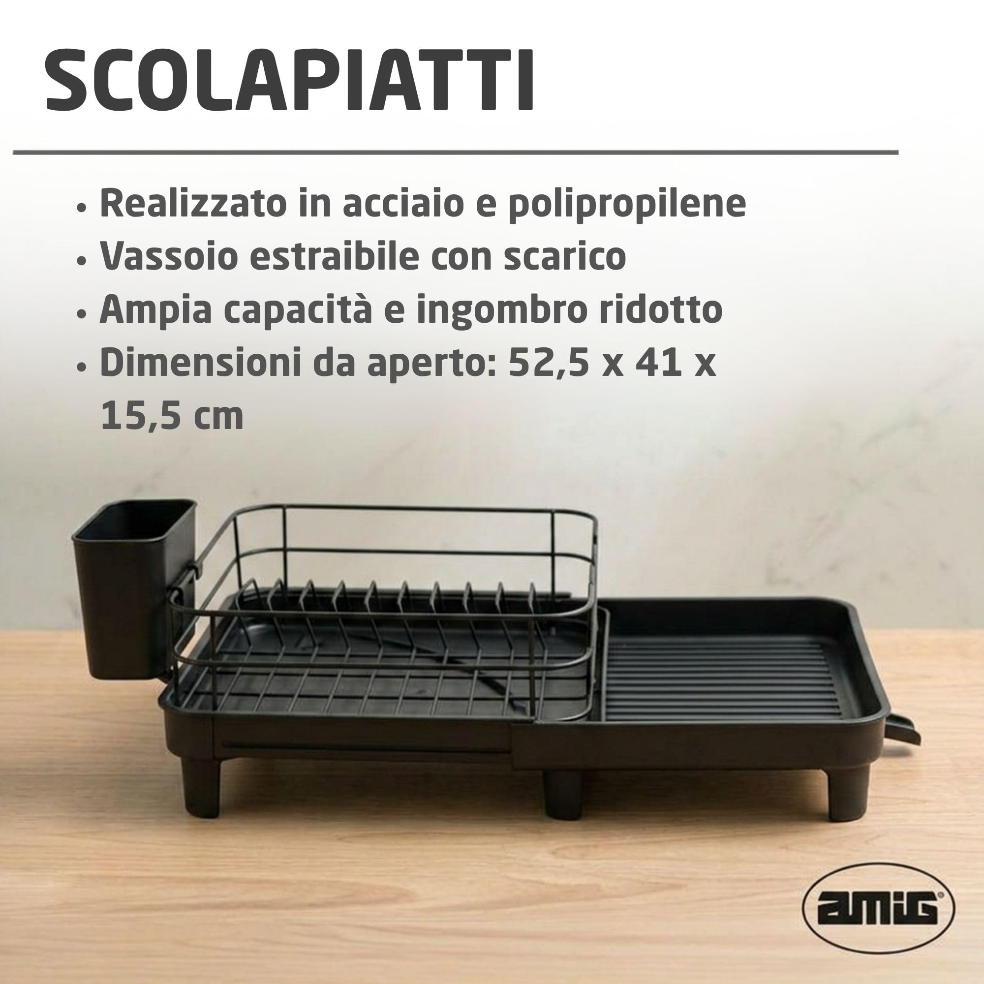 Amig Scolapiatti Estensibile con Scarico Nero VIKA