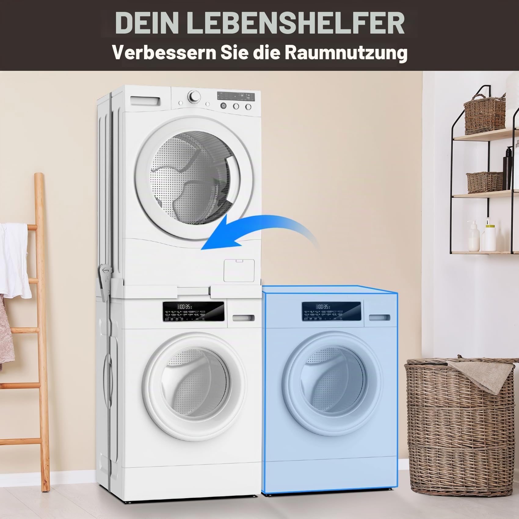 Universal-Stapelbausatz für Waschmaschine und Wäschetrockner, mit Ratschenseil, die Größe des Stapelrahmens ist einstellbar, geeignet für Waschmaschinen und Wäschetrockner von 45-68 cm (weiß)