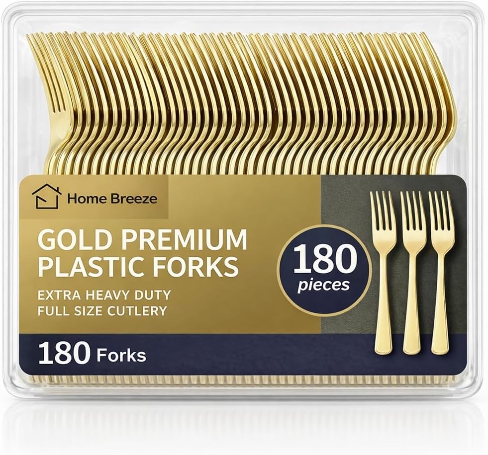 180 Count Gold Plastic Forks Heavy Duty, Disposable, BPA-Free, Solid and Durable Premium Plastic Silverware Disposable Forks for Party Wedding Baby Shower