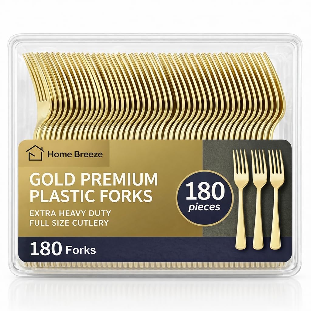 Home Breeze 180 Count Heavy Duty Gold Plastic Forks Disposable, BPA-Free, Heat Resistant, Solid and Durable Premium Plastic Disposable Forks for Party