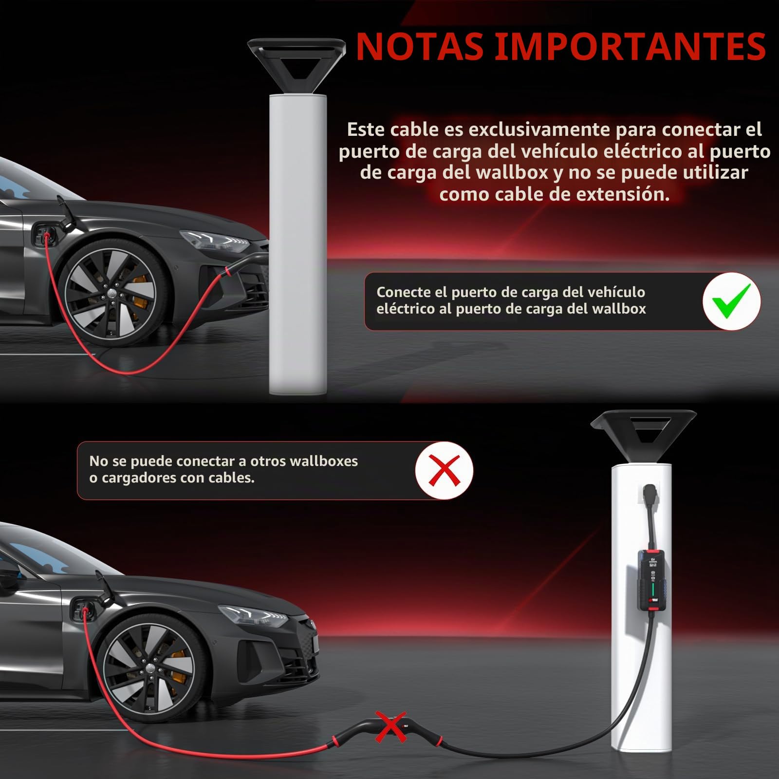Cable de Carga para EV Tipo 2 8 m 22 kW, 32 A Trifásico | Modo 3 Cable de Carga Rápida Híbrido Enchufable para Vehículo Eléctrico Tipo 2 | para Model Y/3/ID.4/IONIQ 5/EV6/Spring/5 E-Tech