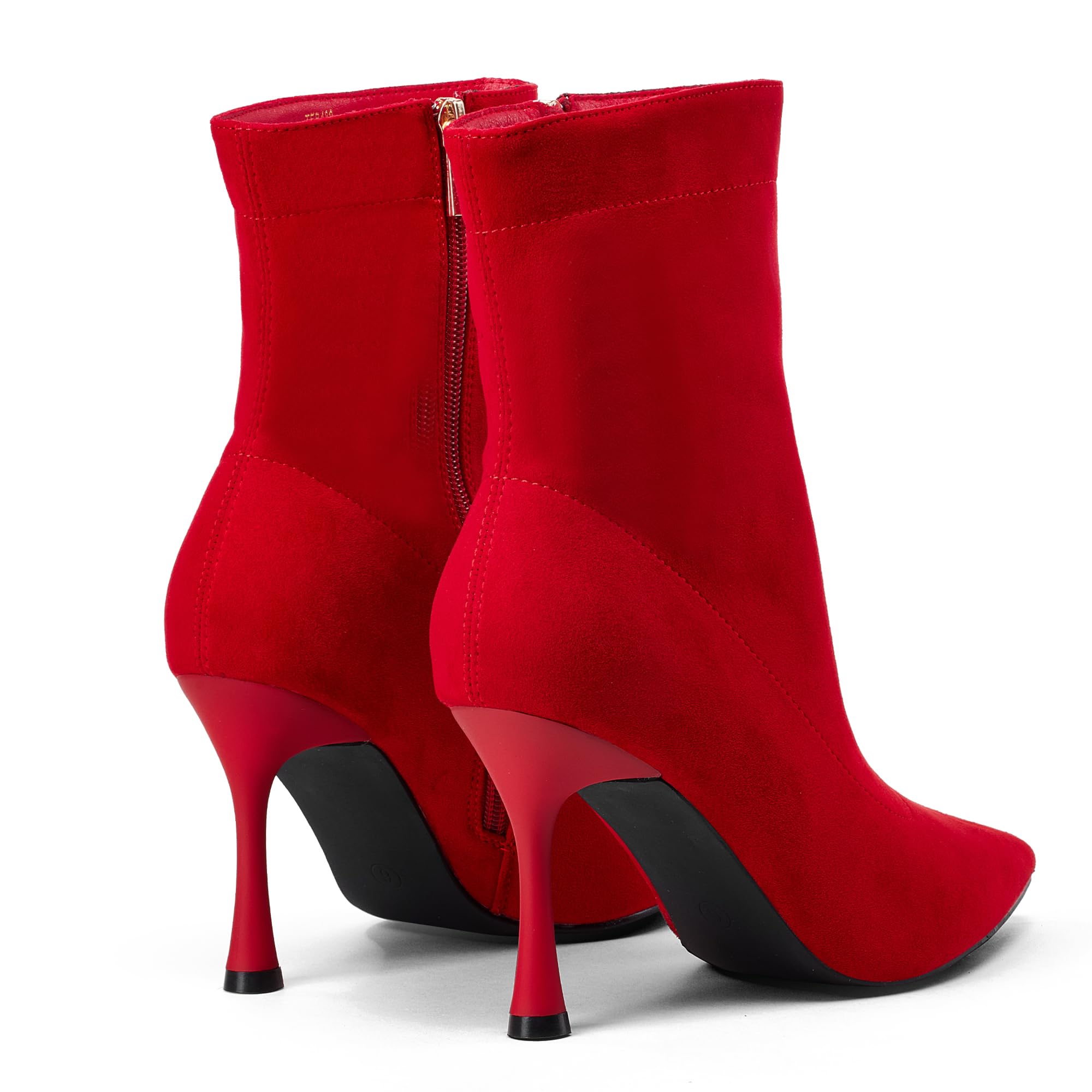 Damskie botki 9 cm szpiczasty nosek - średni obcas szpilki buty robocze dla kobiet modne krótkie buty czarne 8, Czerwony zamsz, 39 EU