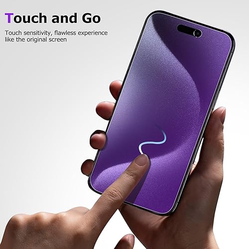 Vista 6 de Protector de pantalla de privacidad para iPhone 15 Pro con protector de lente de cámara, anti espía antiluz azul, película de vidrio templado mate