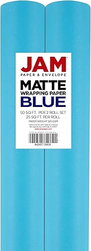 Miniatura 4 de JAM Paper Envoltura de regalo mate  50 pies cuadrados en total (30 pulgadas x 10 pies cada uno)  Azul brillante mateAzul pavo real  2 rollos por