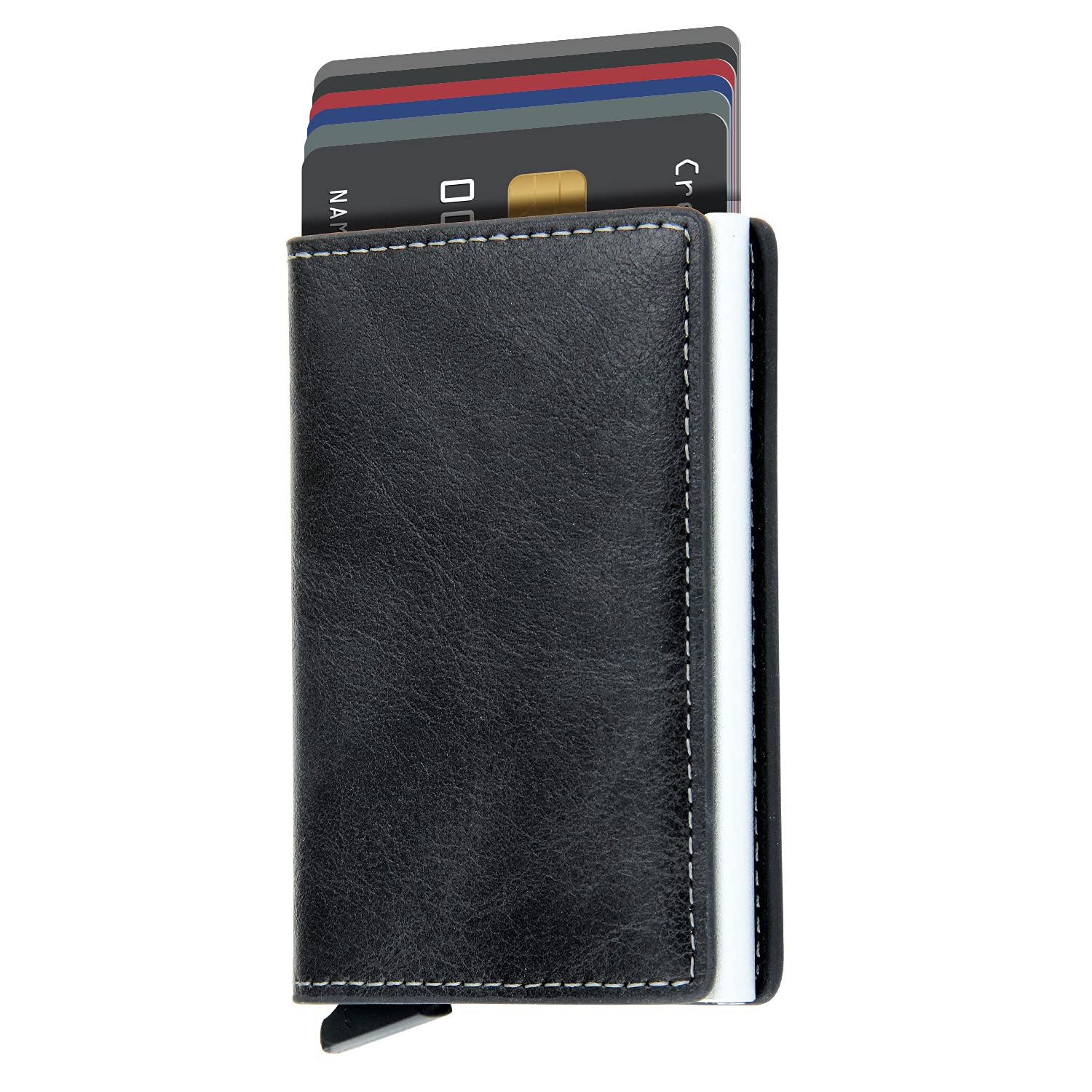 Credit Card Holder RFID Blocking Genuine Leather Vintage Aluminum Business Wallet (C-Grey)