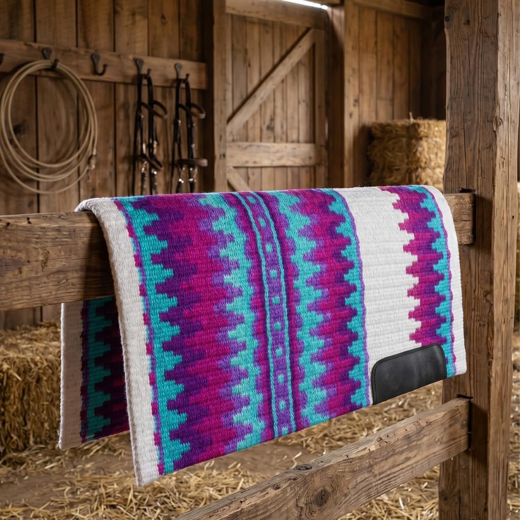 Western Show Saddle Pad/Blanket for Horses - Handmade Wool Saddle Blanket with New Zealand Design, Thick, Durable & Comfortable for Horse Riding (34” L x 38” W x 1) M62