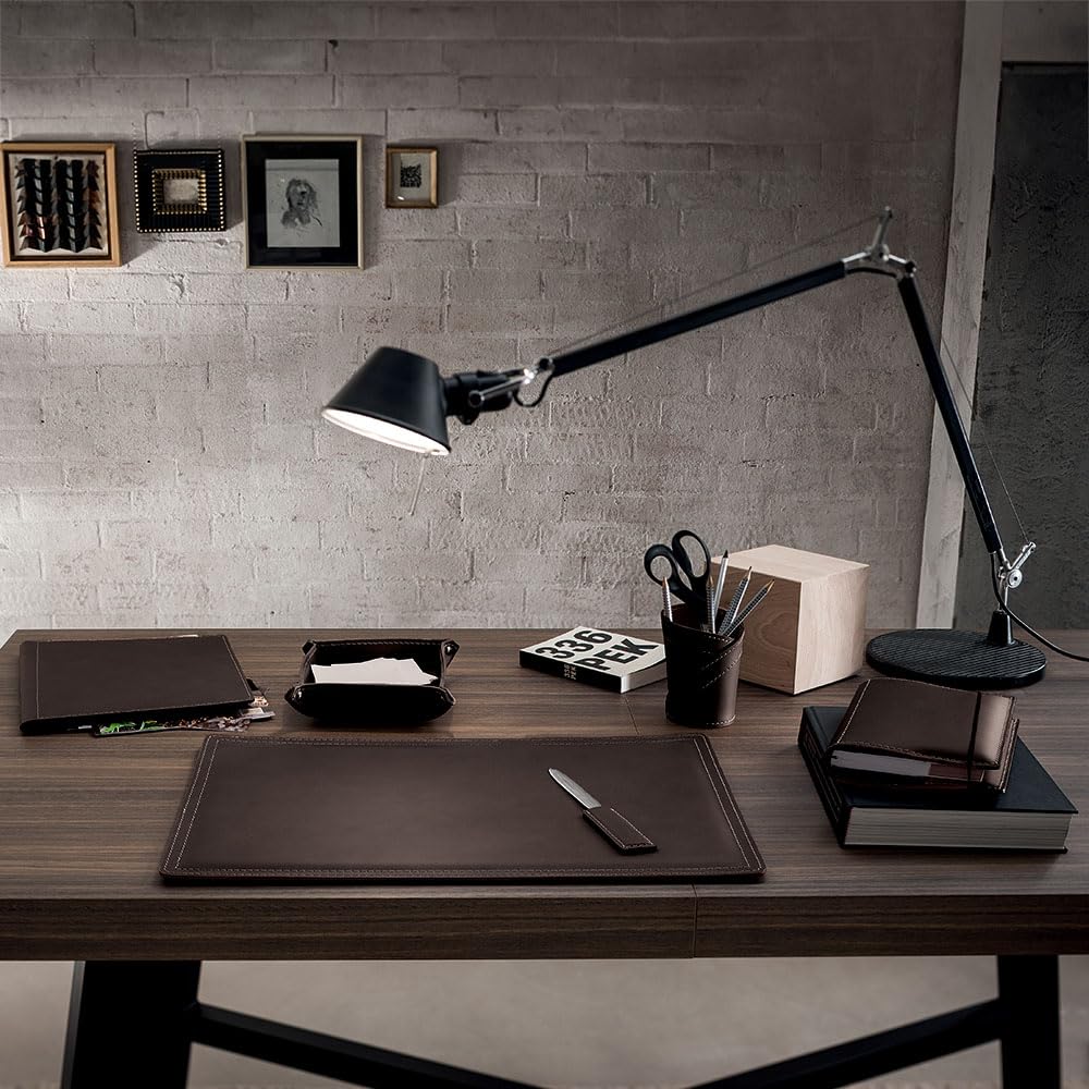 LIMAC Design ASCANIO Set da scrivania in cuoio, sottomano di design, organizer con antiscivolo, accessori per ufficio, portapenne, svuotatasche, Prodotto in Italia. (Marrone Scuro, Set 4 pz.)