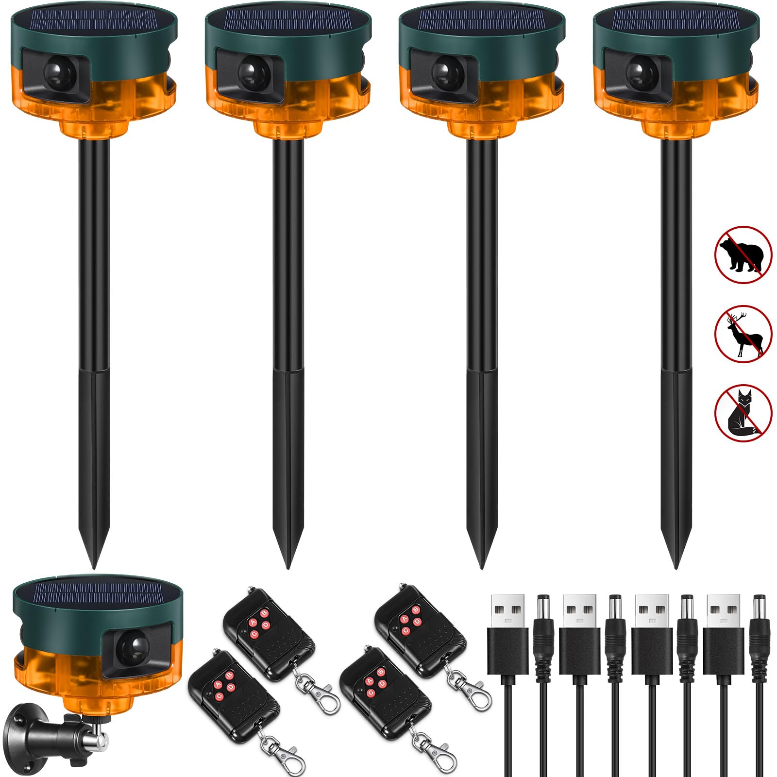 Qualirey Paquete de 4 sensores de movimiento solares para exteriores, sensor de movimiento, disuasorio de animales, sonido de disparo, alarma de ultrasonido para seguridad del hogar (amarillo)