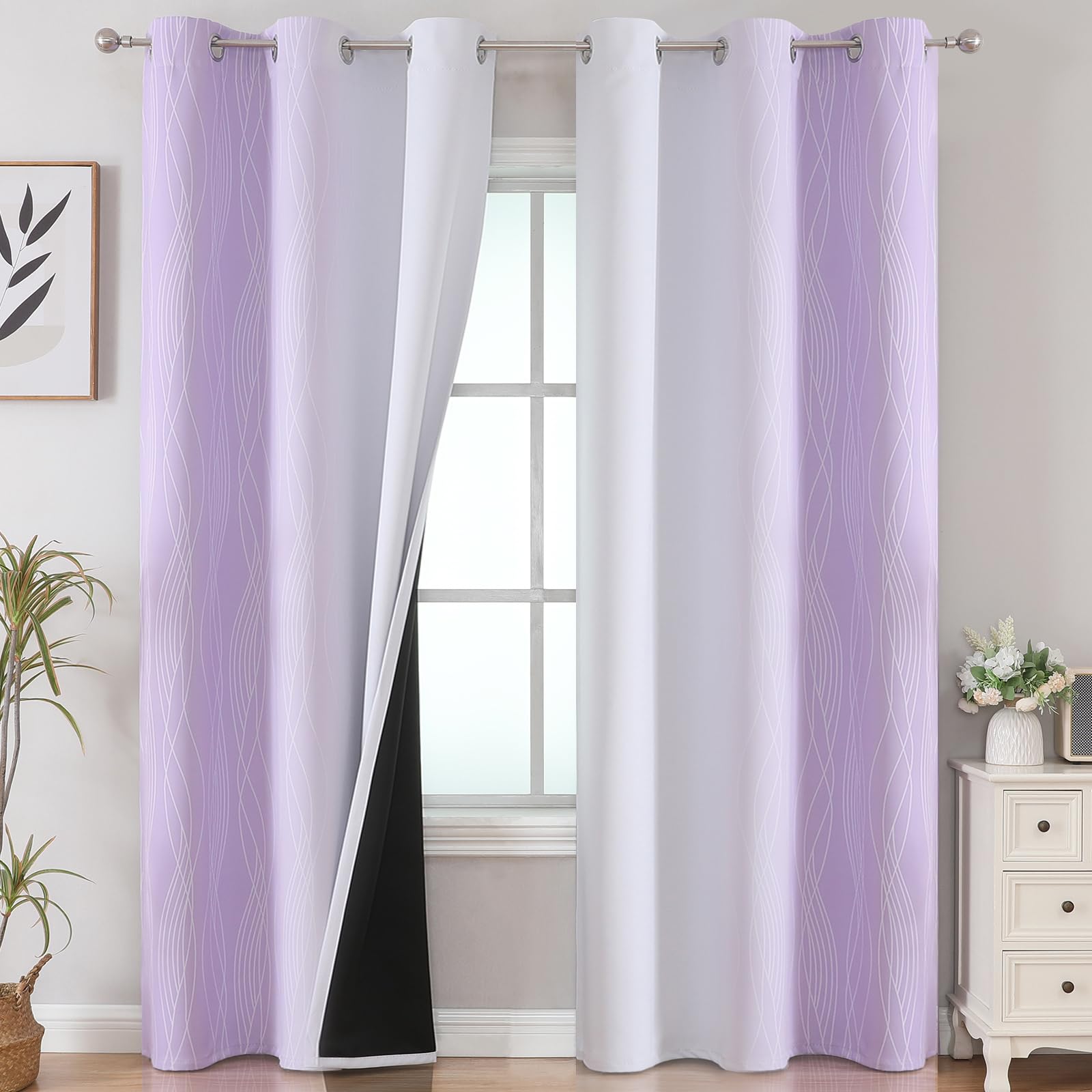 Estelar Textiler Lilac and Greyish White Room Darkening Blackout Curtains 84 Inches Long for Living Room, Thermal Insulated Ombre Light Blocking