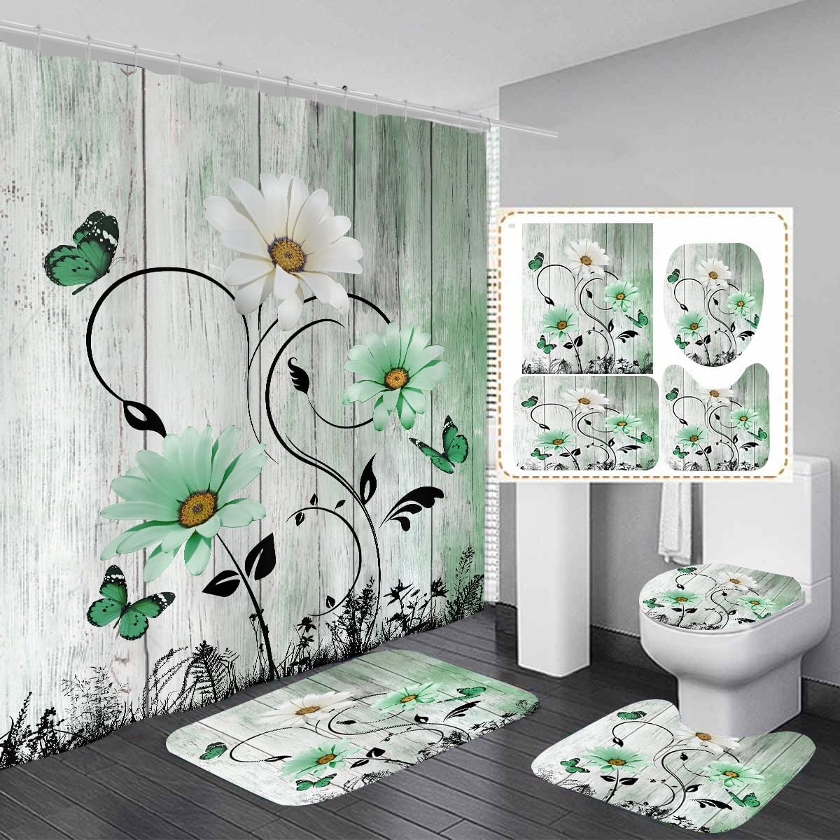AAtter 4 Piece Green Floral Shower Curtain Set Farmhouse Sage Vintage Rustic Flower 60Wx72L Inch Decor with Non-Slip Rugs, Toilet Lid Cover and Bath Mat Bathroom Accessories Home Bathtub Set, Cute