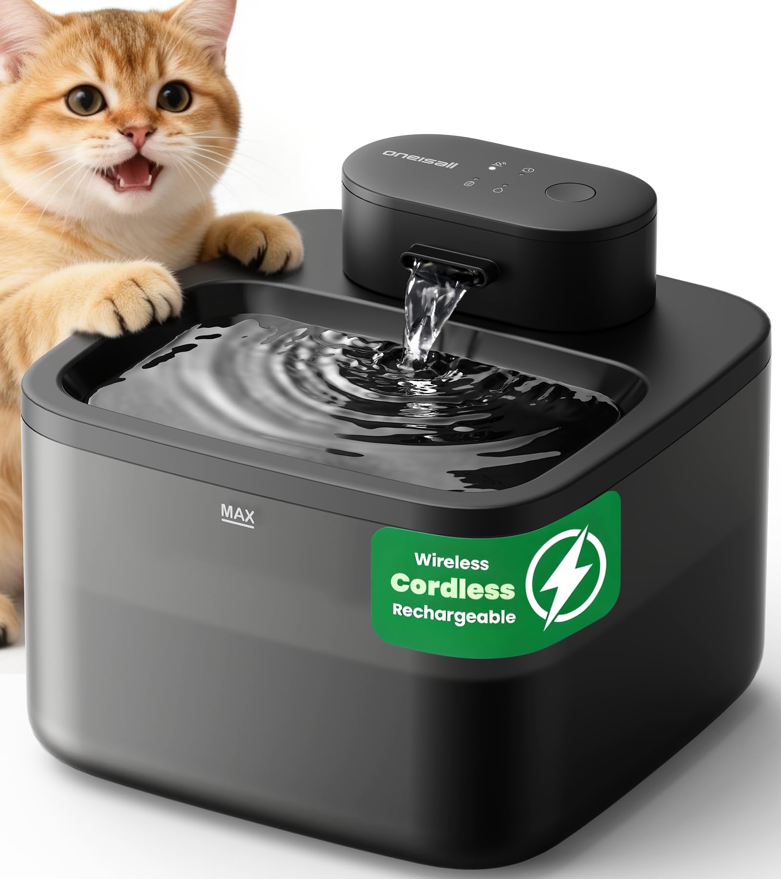 oneisall Wireless Cat Water Fountain: 74oz/2.2L Cordless Pet Water Fountains, 4000mAh Battery Operated Ultra-Quiet Integrated SilentFlow&trade; Pump for Cats Indoor, Automatic Cat Water Dispenser, BPA-Free