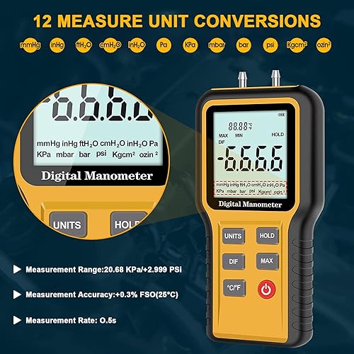 Miniatura 9 de Manómetro de presión de gas, 11 unidades seleccionables, manómetro diferencial, manómetro de doble puerto, manómetro de presión de aire, manómetro