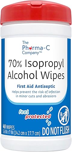 Pharma-C - Toallitas con alcohol isopropílico al 70% 40 toallitas - Limpiador antiséptico de heridas IPA de primeros auxilios con tapa de bloqueo de