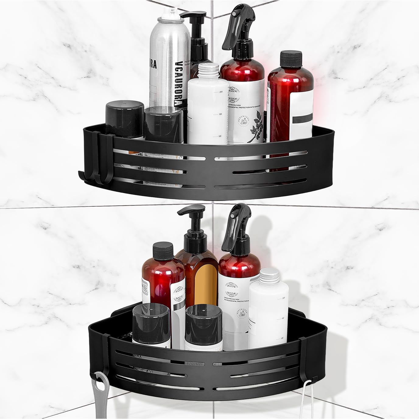 Photo 1 of ABMTech Corner Shower Caddy, 2 Pack Adhesive Shower Caddy Shelf Organizer Shelves Rustproof Stainless Steel Bathroom Organizers with 4 Hooks, No Drilling Wall Mounted Rack for Bathroom Kitchen, Black
