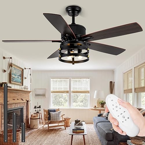 Farmhouse Ceiling Fan with Light and Remote, 52 Inch Indoor Outdoor Ceiling Fans for Patios, Rustic Ceiling Fan with 5 Dual Finish Blades,