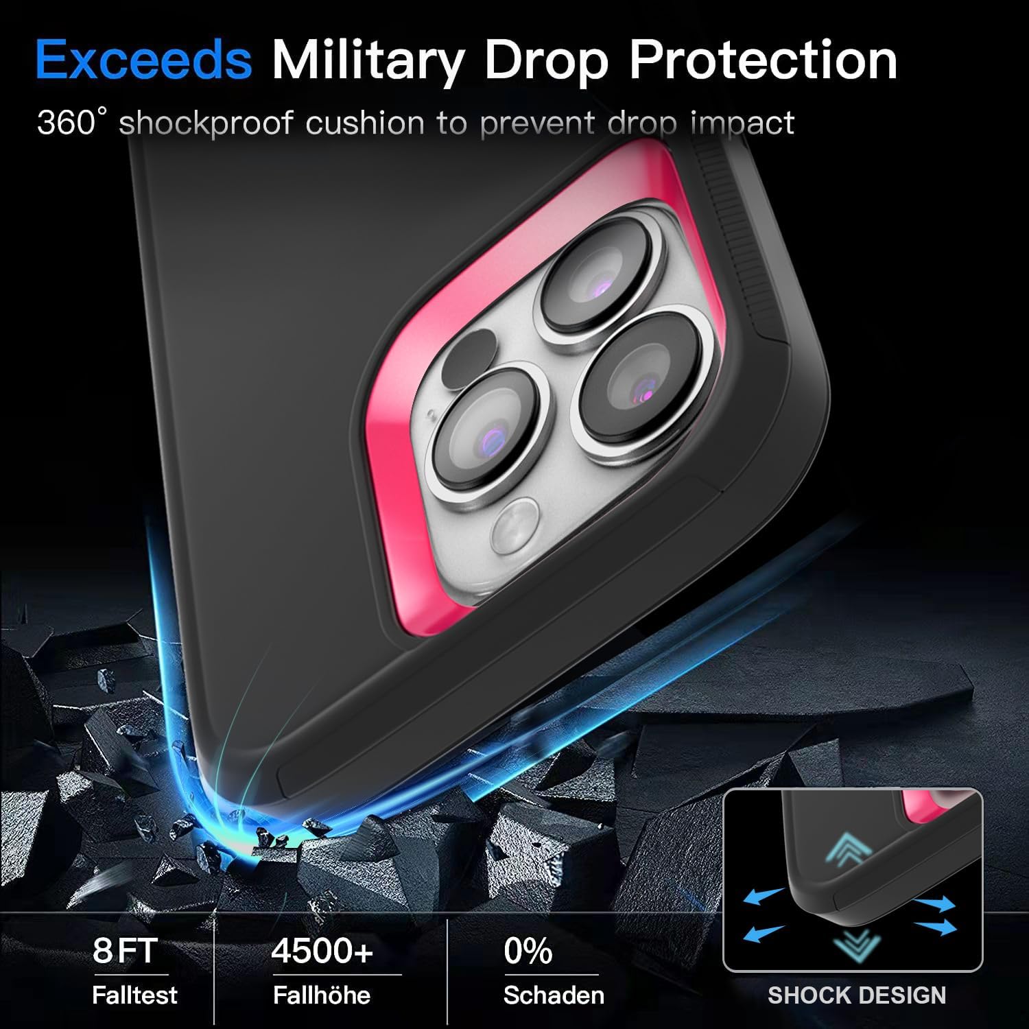 Gase for iPhone 16 Pro Max Case 6.9" with 2 Screen Protector + 2 Camera Lens Protector, Full Body Heavy Duty Military Grade Cover, Shockproof/Drop Proof Protection Phone Case (Black Hot Pink) - Image 6