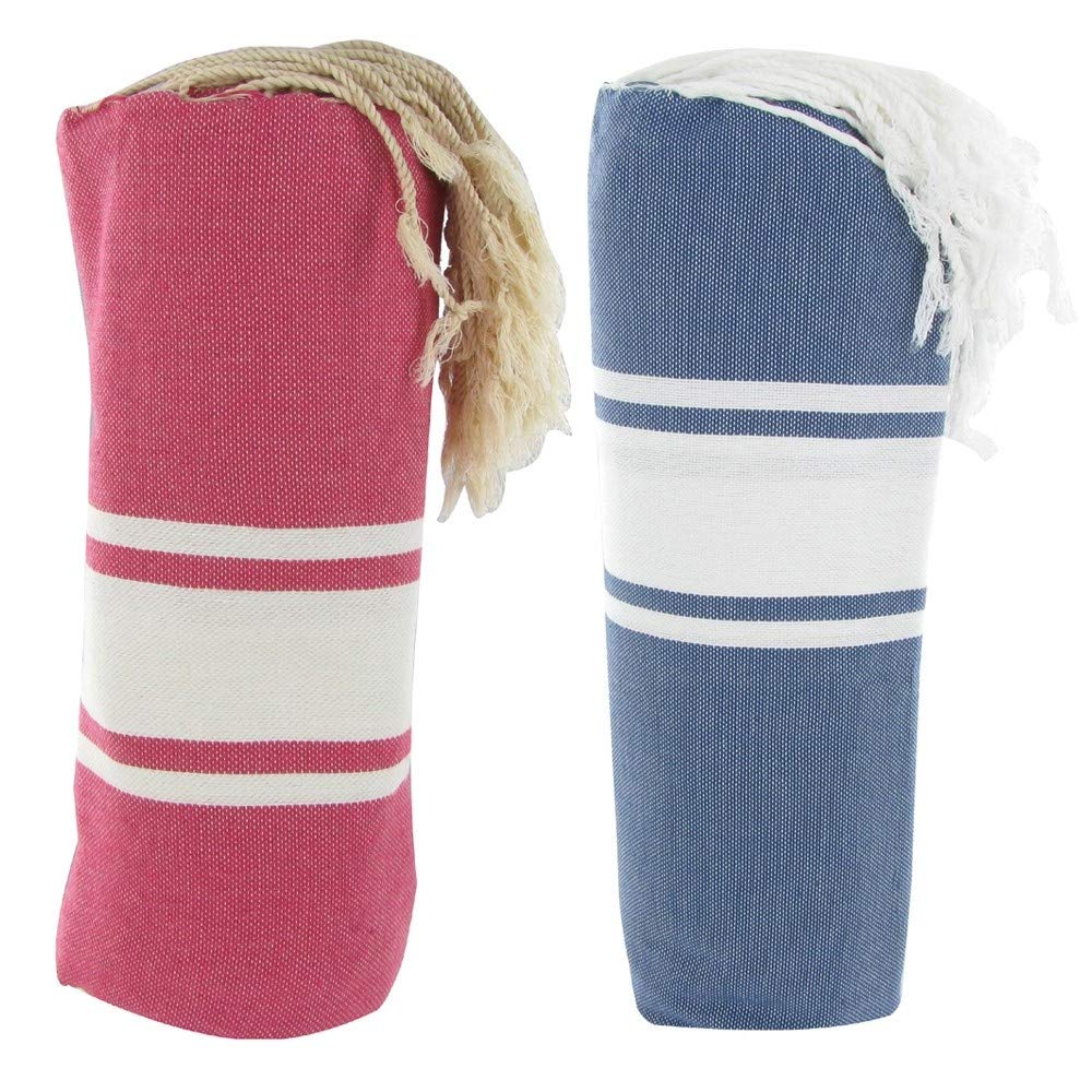 Les POULETTES Bijoux - Duo Foutas Serviettes Plage ou Hamman Fuchsia et Bleu Jean