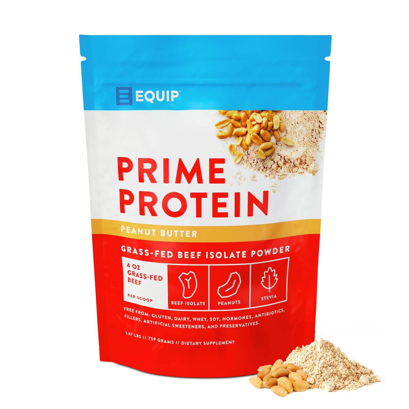 Equip Foods Prime Protein Powder | Clean, Grass Fed Beef Protein Powder for Women & Men | Carnivore Protein Isolate | Paleo, Keto Friendly | Gluten & Dairy Free | 30 Servings, Peanut Butter
