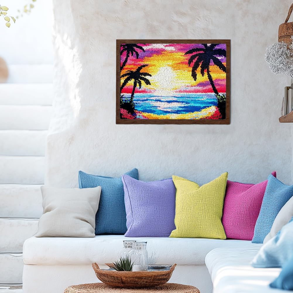 ORIGACH Sunset by The Beach Latch Hook Rug Kit for Adults Printed Rug Making Kit Handmade Carpet Tapestry Cover with Hook Latch and Preprinted Canvas, Home Arts Crafts Sofa Decor, 20.5x15inch