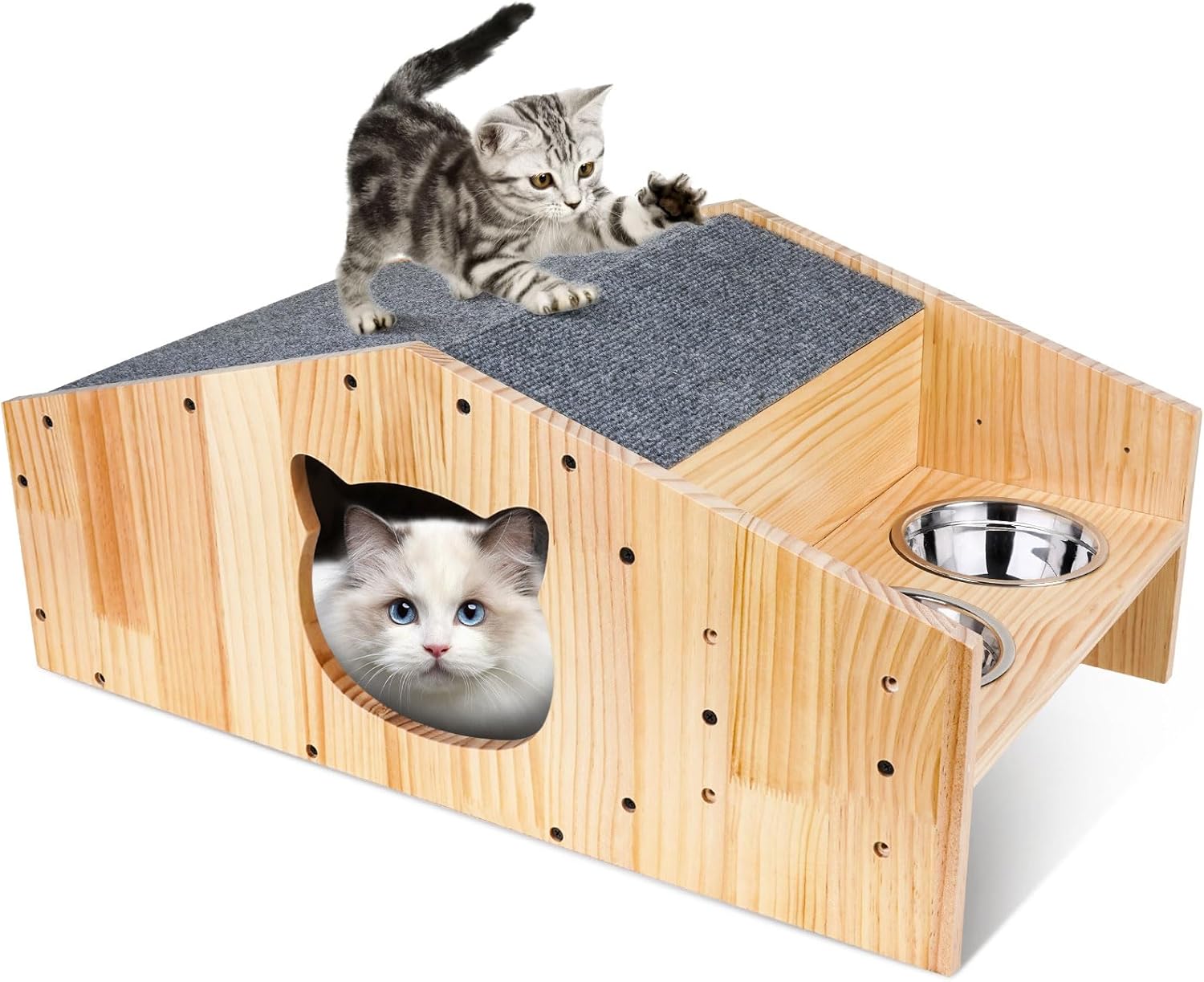 Cat Wooden House for Indoor Cats, Wooden cat condo with mat, Solid Pine Wood cat House with Scratching pad & Feeding Station.