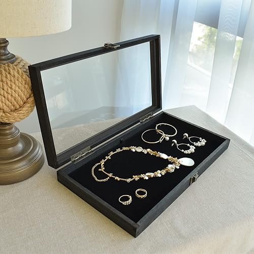 Miniatura 9 de MOOCA Caja de exhibición de joyería de madera tapa superior de vidrio templado vitrina de piedras preciosas caja de almacenamiento de accesorios de