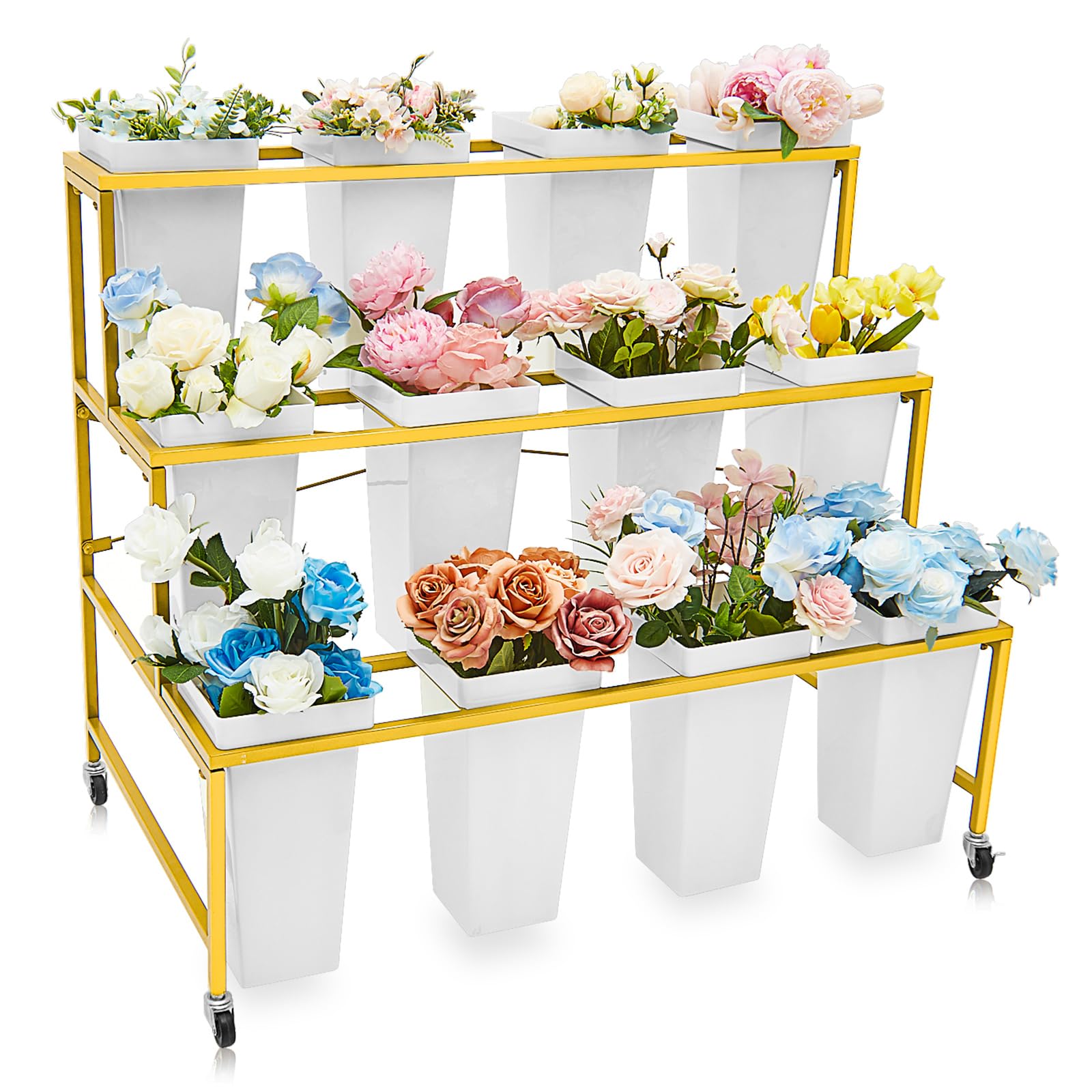Barydat Flower Display Stand with 12 Pcs Flower Buckets 3 Tier Metal Plant Stand with 4 Universal Wheel Moving Floral Stand Heavy Duty Flower Shelf for Florist Indoor Outdoor Patio Garden Planter