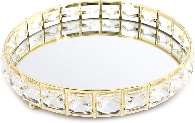 Carousel Home Gifts Stylish Round Gold Mirrored Display Dish | Diamante Decorative Metal Table Centerpiece | Perfume Jewellery Organiser Vanity Tray 21cm