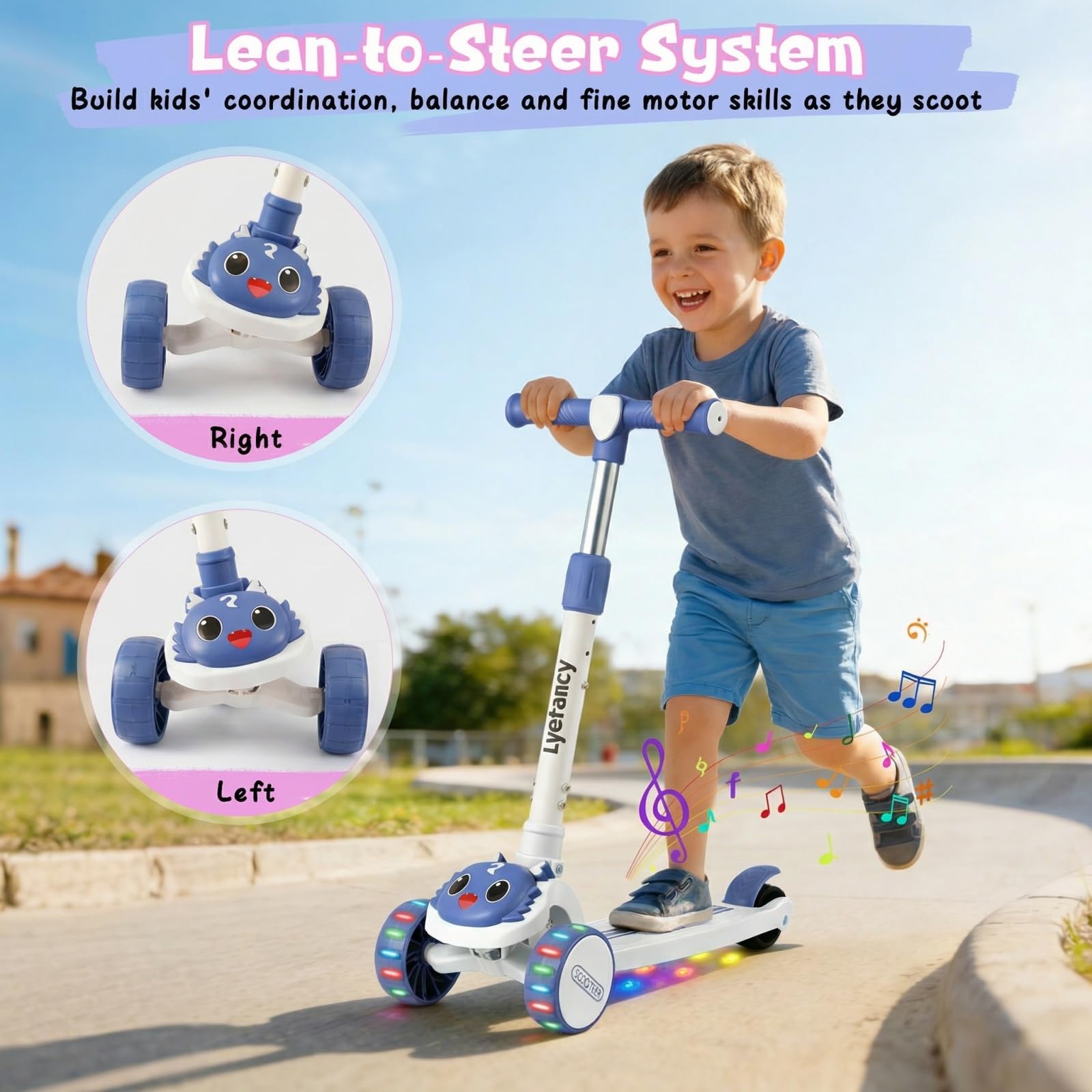 Patinete de 3 ruedas para niños de 2 a 8 años 2 en 1 con asiento desmontable, ruedas plegables con música y ruedas luminosas, altura ajustable, desplazable por cambio de peso