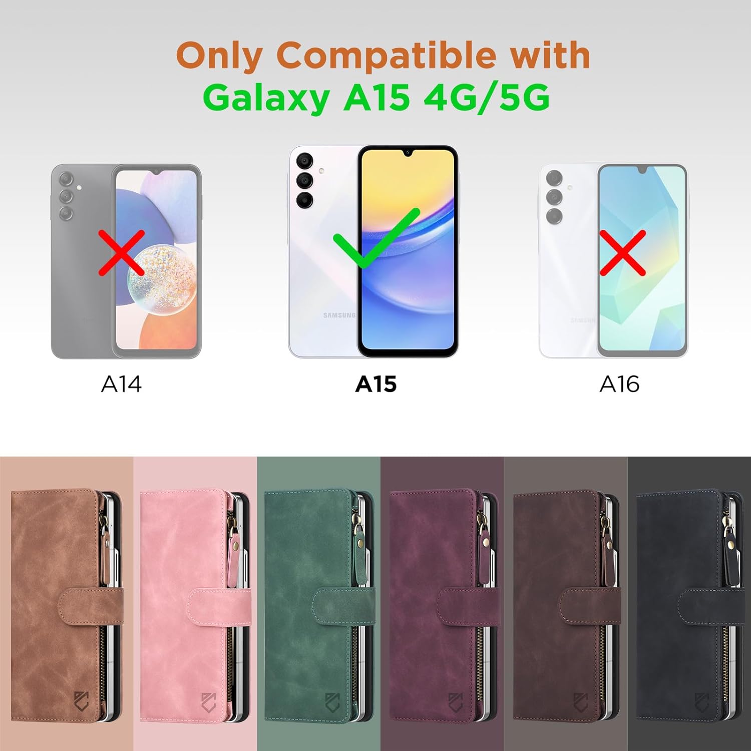 for Samsung Galaxy A15-5G-Wallet Case: with RFID Blocking Card Slots (6 Cards) | Soft PU Leather Magnetic Snap Zipper Pocket | Crossbody Wrist Strap Protective Phone Cover - Brown
