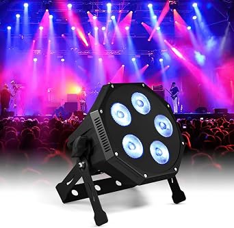 SHEHDS LED GlamoPar Lighting, 5x12w Stage Light, RGBAL+UV 6in1 Color Mixing, Strobe Effect, Intelligent Start Stop, Temperature Control, DMX Contorl Sound Activated for Mini Concert, Home, School