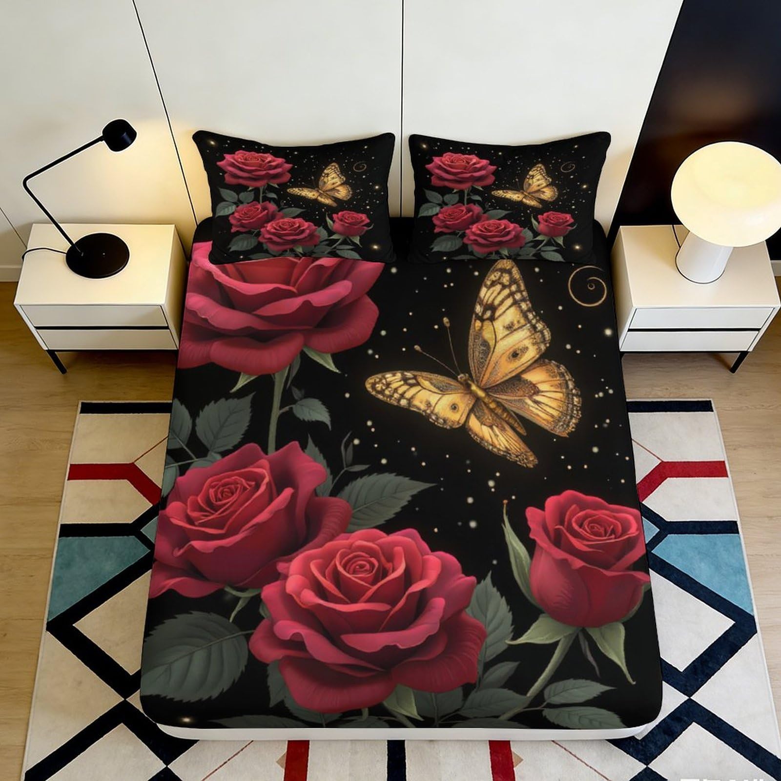 Pnayamiorkfel Style-5 3D Printed Red Rose Butterfly Fitted Sheet Microfiber Soft Bedroom Decor Artistic Bed Cover For Home Guest Room 90X200x25cm