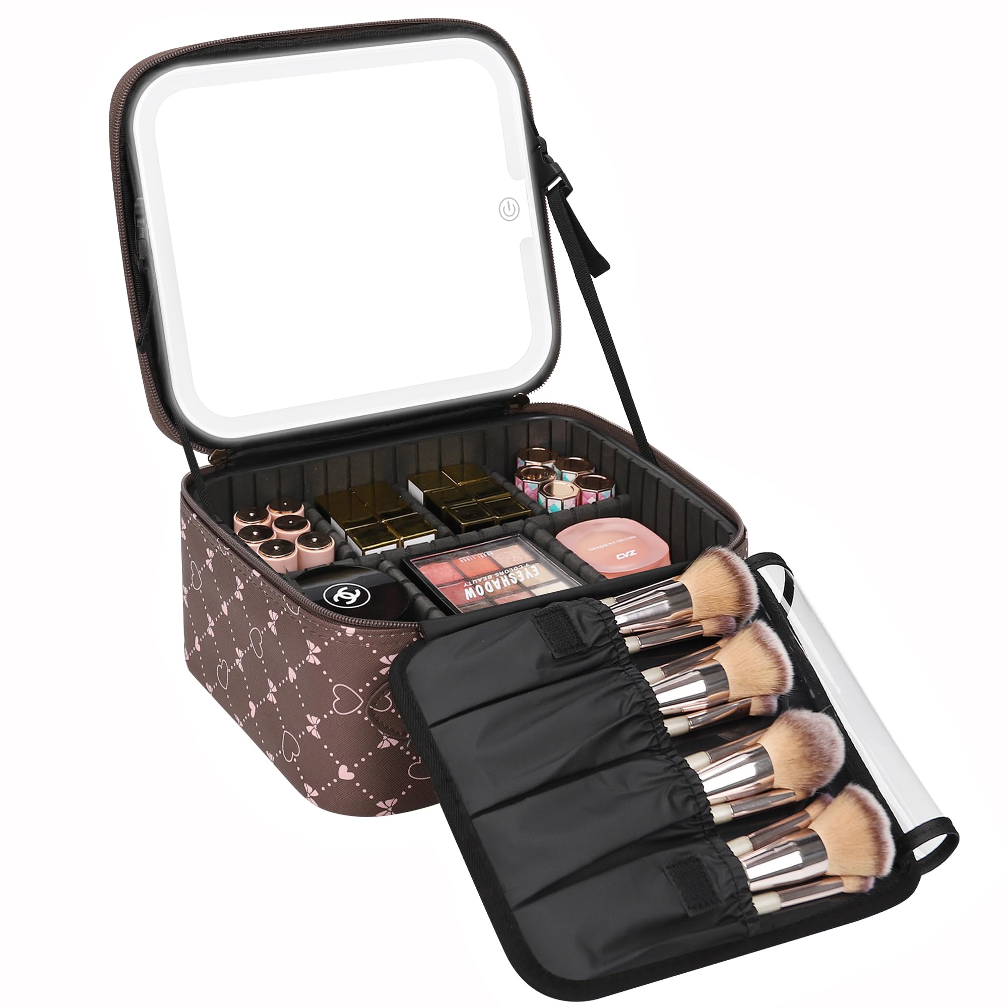 Relavel Travel Makeup Bag With LED Mirror, Portable Cosmetic Organizer Bag with Adjustable Brightness in 3 Color Scenarios, Small Train Case with