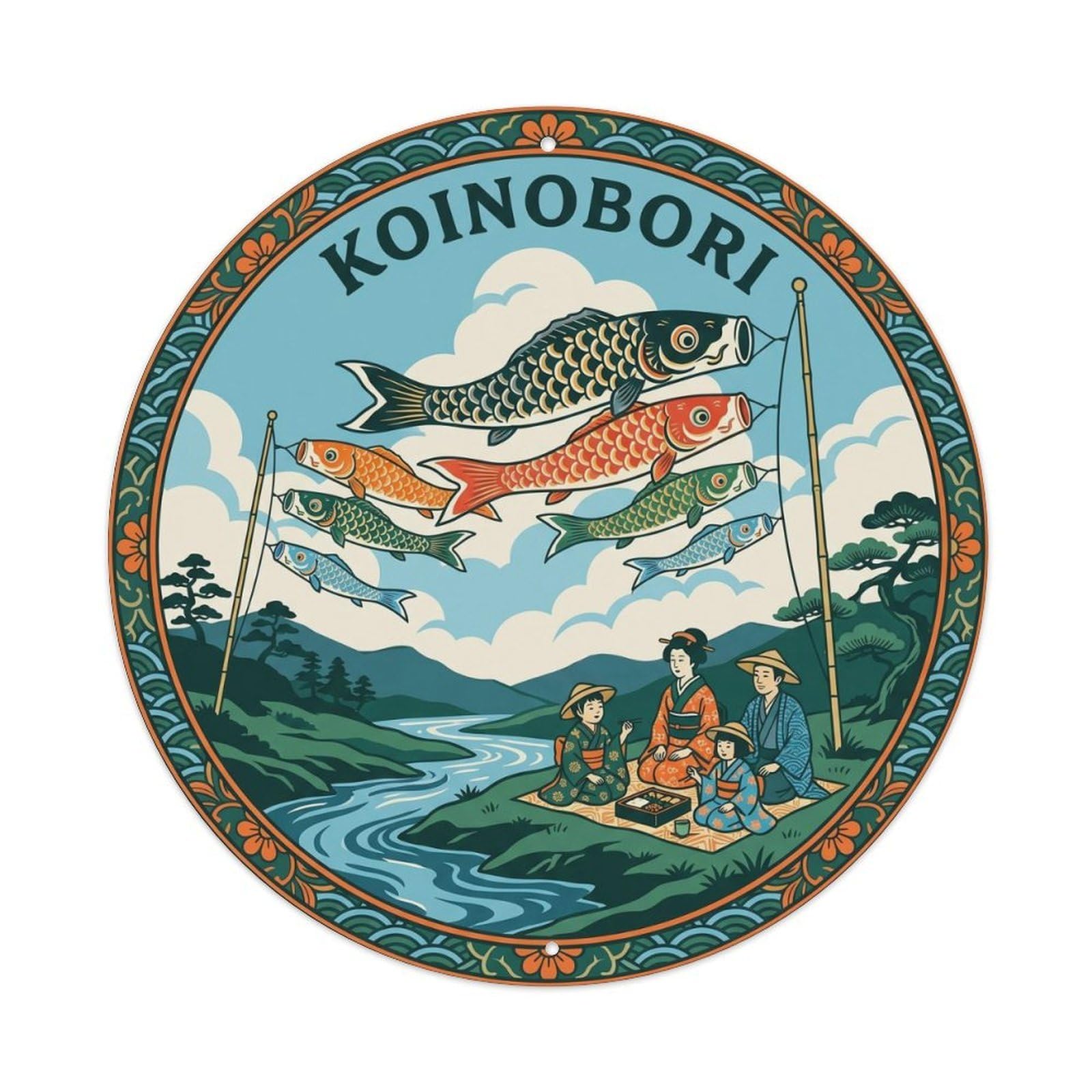 Olyhtr 8X8inch Classic Style Matsuri Koinobori Carp Streamer Woodblock Sky Blue Metal Tin Sign