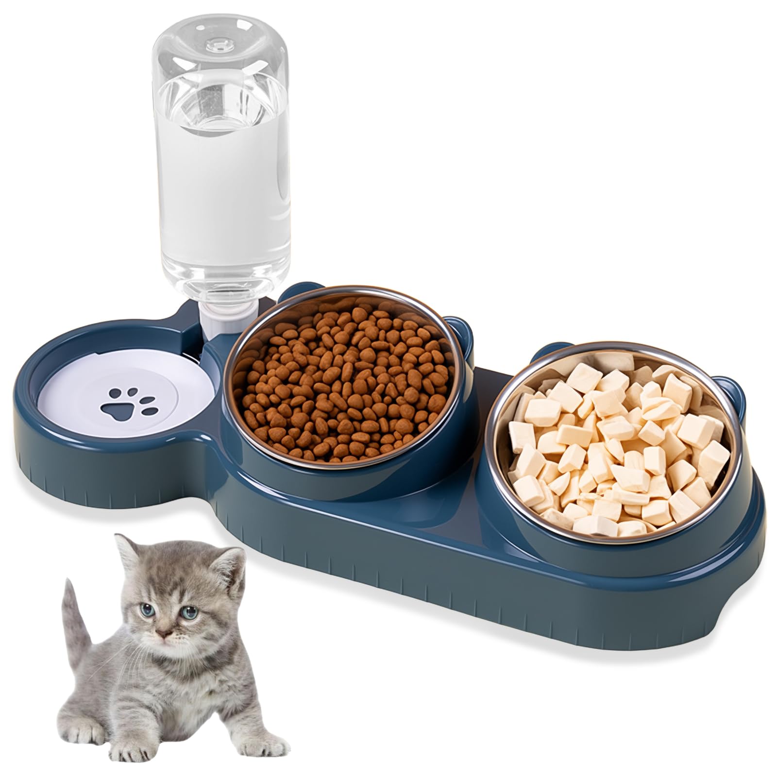 3-in-1 Cat Food and Water Bowl Set, Stainless Steel Cat Bowls with Stand Double Food Bowls with Water Dispenser 15° Tilted Pet Bowl for Cats & Dogs (Blue)