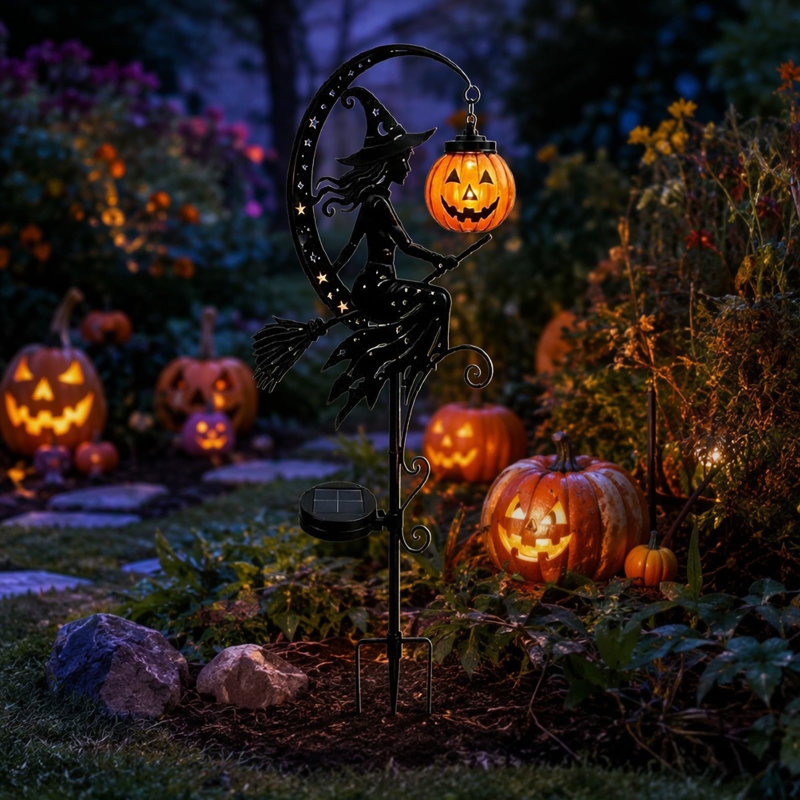 Halloween Metal Solar Garden Stake Light Witch Pumpkin Moon Decor(B)