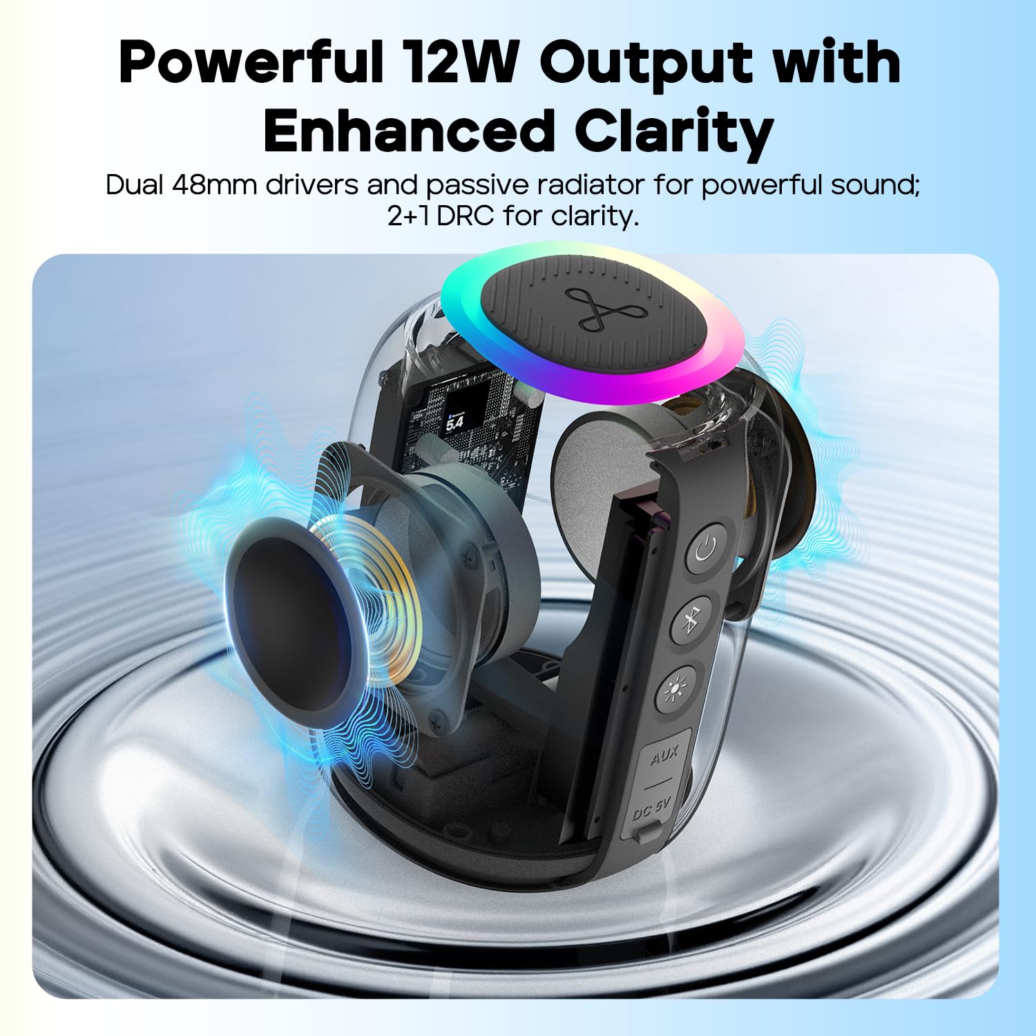 Tribit StormBox Mini+ głośnik Bluetooth 12 W, dźwięk przestrzenny 360°, czas odtwarzania 12 godzin, Bluetooth 5.4, IPX7, lampy RGB, połączenie TWS, typ C, obsługuje AAC/SBC, przenośny w domu/na