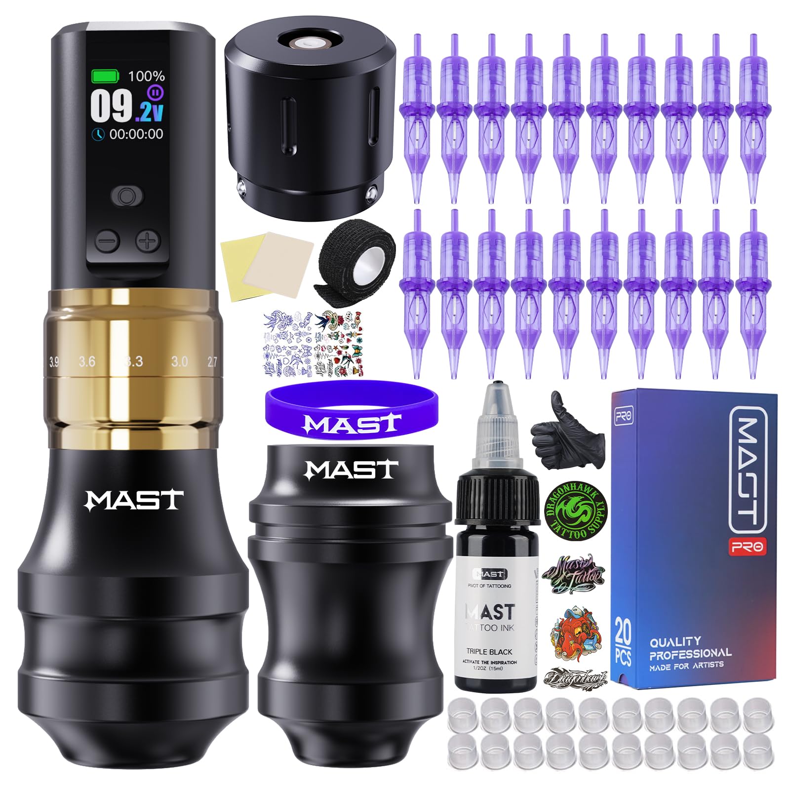 Mast Tattoo Fold2 Pro Tattoo Gun Kit Complete Tattoo Machine Kit 2000mAh Battery Supply Mcore-C1 Motor Real 7 Strokes Length Gold Color
