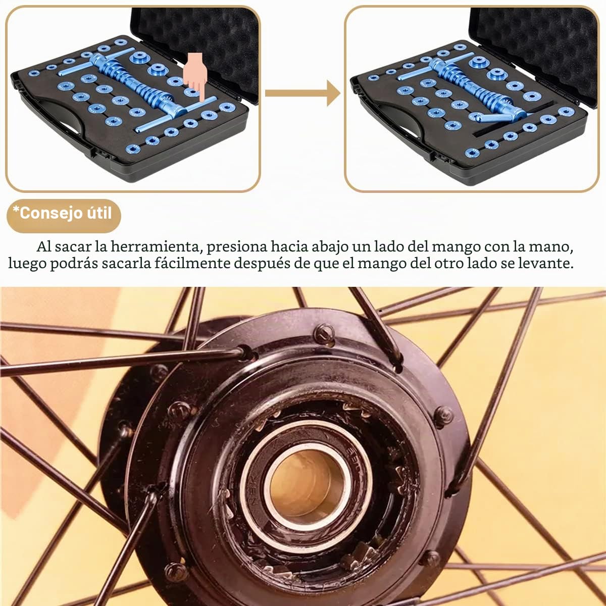Juego de prensa de cojinetes de bicicleta, Kit de instalación de cojinete de rueda y buje universal con caja, Herramienta de montaje de cojinete/buje de bicicleta en aleación de aluminio