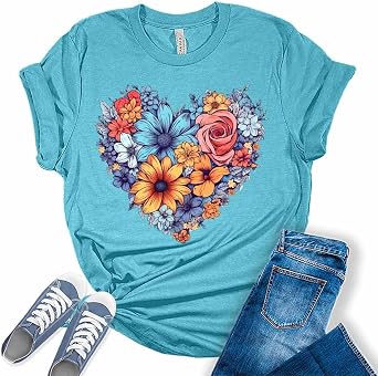 Womens Floral Heart Shirt Cute Tshirts Bella Graphic Tees Casual Short Sleeve Summer Tops