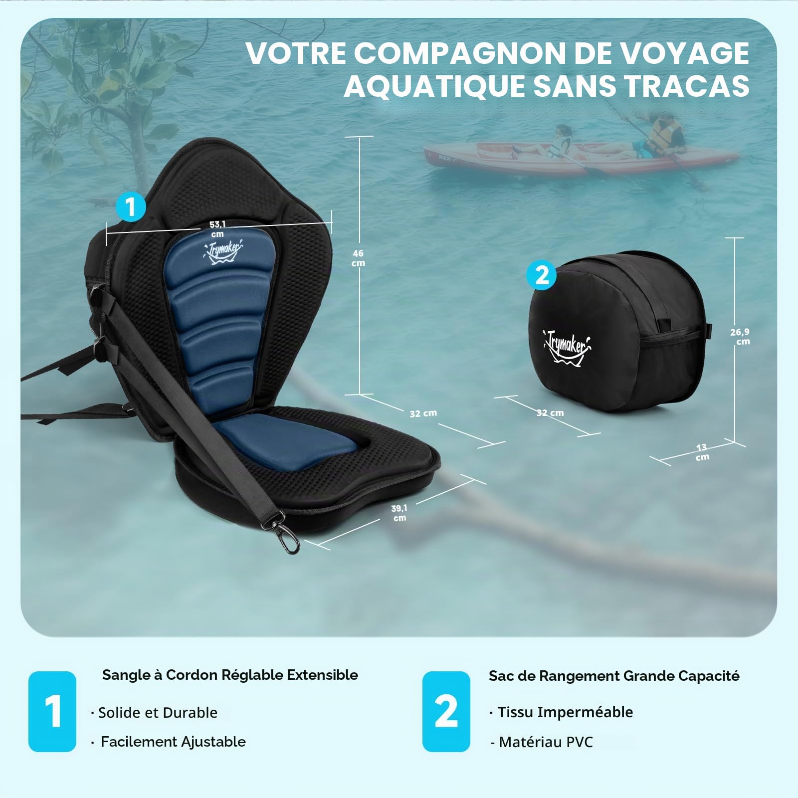 Trymaker Sièges de kayak avec support dorsal pour s'asseoir sur le dessus, siège de planche à pagaie gonflable universel pour planche à pagaie gonflable, sup, canoë (1 coussin épais)