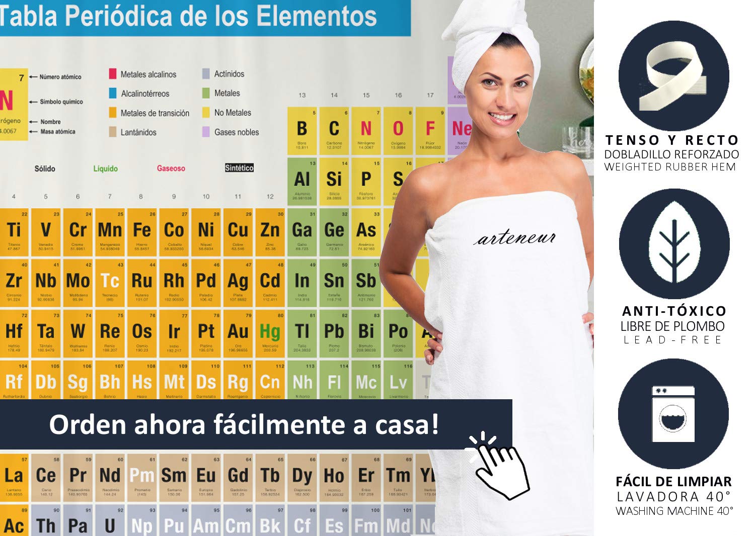 arteneur® - Cortina de Ducha 180x200 - Cortina de Baño Antimoho de Tela, Impermeable, Lavable y Opaco con Dobladillo Ponderado y Anillas (Tabla Periódica Española)