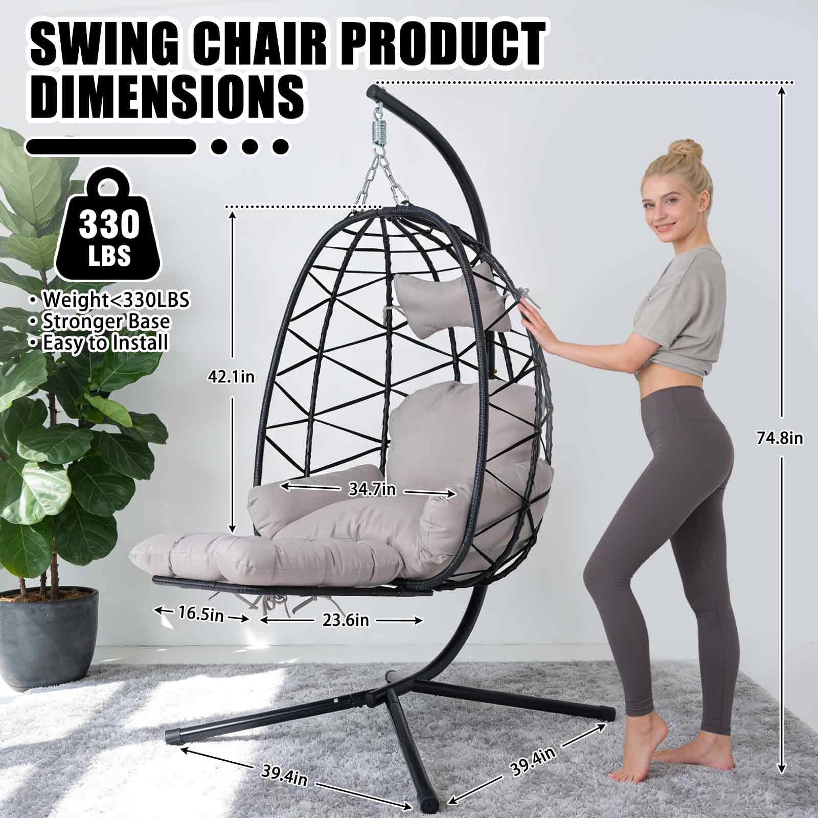 Silla colgante de huevo con soporte y reposapiernas, silla oscilante de mimbre de ratán con cojín, silla colgante de cesta de patio, silla hamaca de mimbre para interiores y exteriores, dormitorio
