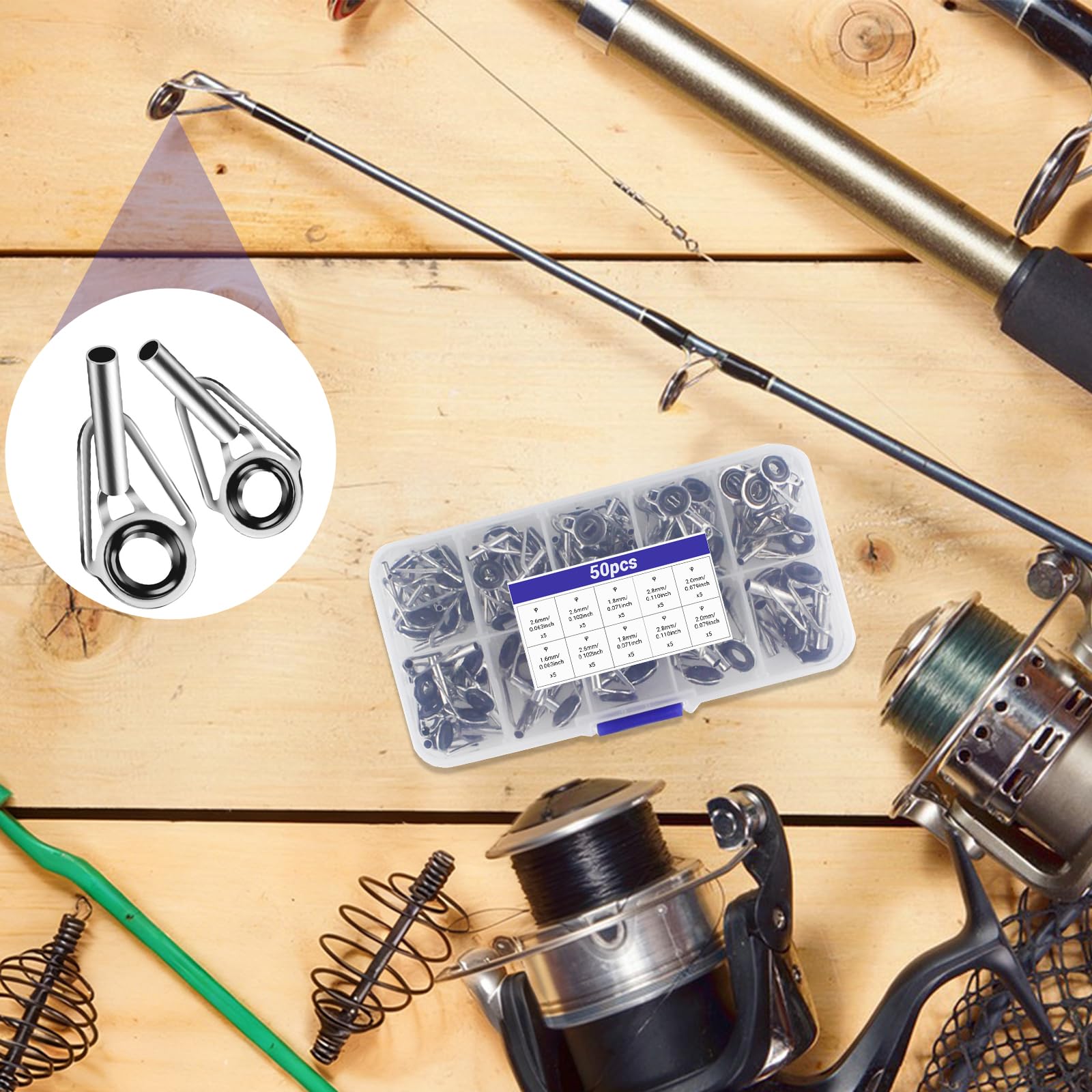 XINFAQAQ 50 Piezas Kit de Reparación de Punta de Caña de Pescar, 1,6-3,8mm Anillo de Punta de Caña de Pescar con Anillo de Cerámica 10 Tamaños para Pesca en Agua Salada y Dulce — view 6
