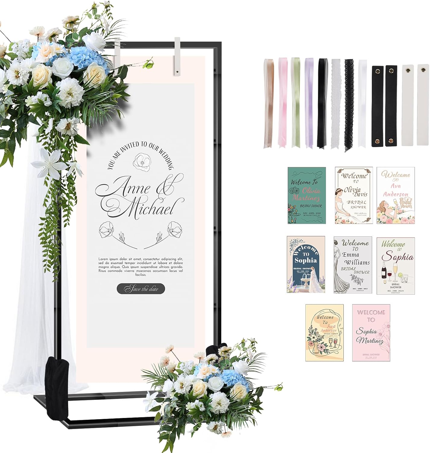 Wedding Sign Stand  Adjustable Metal Easel, 50" or 66" Floor Poster Holder, Black, Perfect for Wedding Welcome Signs, Bridal & Baby Showers, Events, Indoor/Outdoor Use