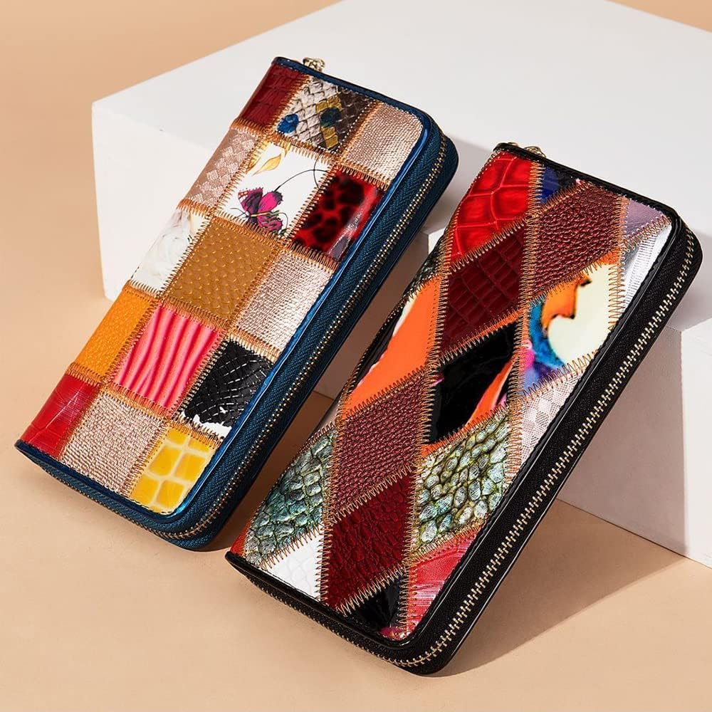 [AMVIKS] レディース マルチカラー 財布 牛革 財布 ランダム スクエア カラフル ステッチ カード ホルダー オーガナイザ