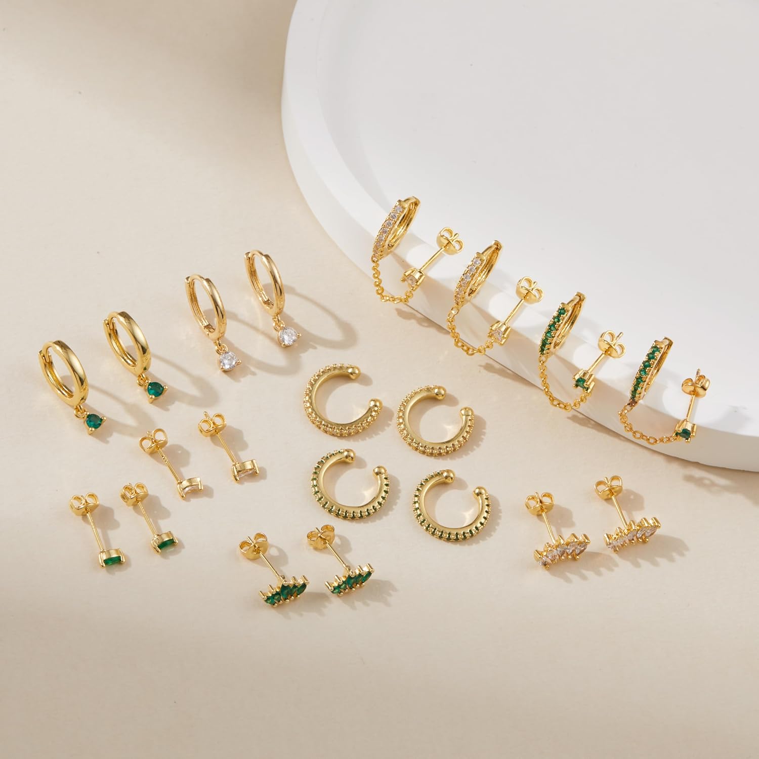 LOFITOR 5 Pairs Sterling Silver Post Stud Hoop Earrings Set Dainty 14k Gold Plated Earrings for Women S925 Green CZ Cartilage Stud Huggie Earring for Multiple Piercing Small Earring Stacks - Image 4