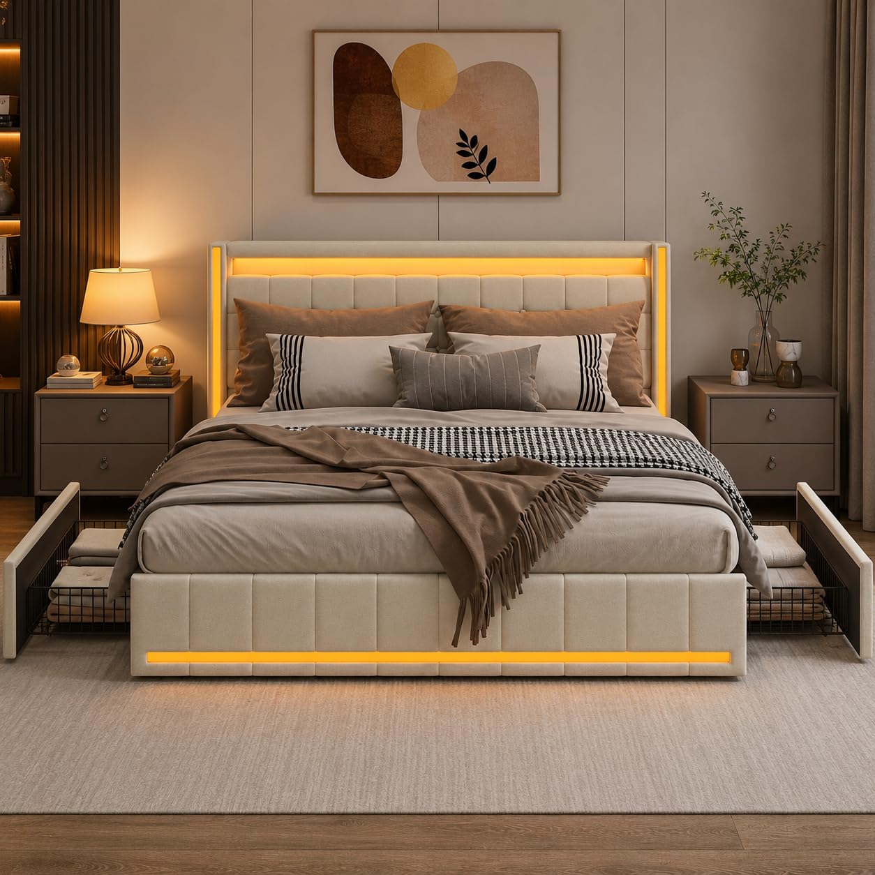 Lit Double 140x200cm avec LED et USB, Lit Rembourré avec 4 Tiroirs de Rangement, Cadre de Lit Moderne 2 Places pour Chambre Adulte et Adolescent,Beige Lin